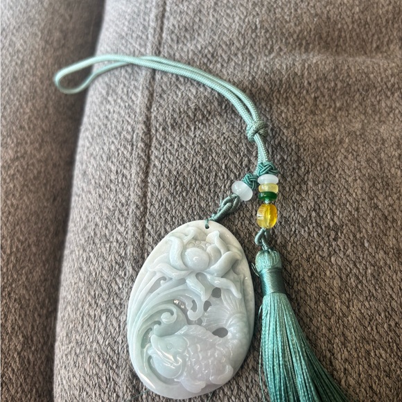 Carved Jade Pendant with Koi Fish and Lotus Design - Picture 4 of 7